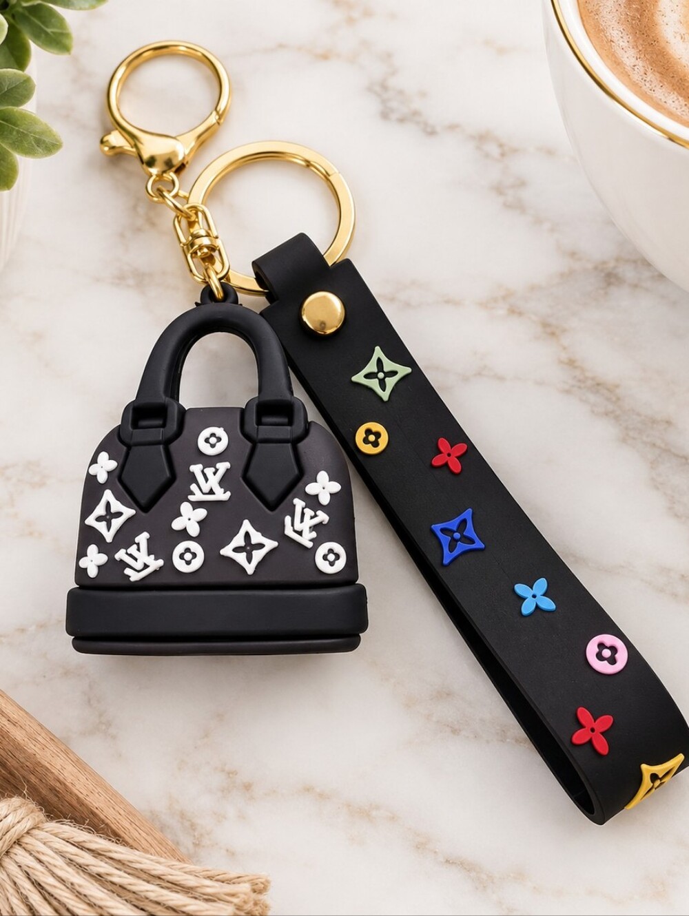 Black Designer-Inspired Purse Keychain with Gold Hardware